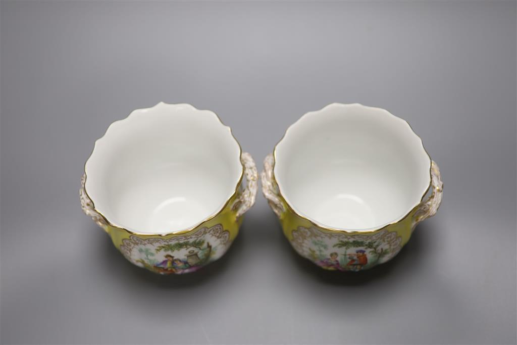 A pair of Dresden cache pots and a Danish porcelain coffee set, tallest 9.5cm